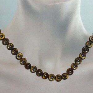 Tiger-eye Donut Shaped Gemstones with Sterling Silver Beads Necklace